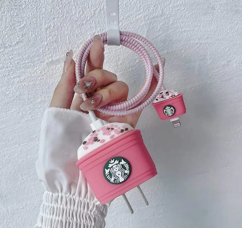 Iphone Charger Case Cover - Starbucks Pink - 4 Piece Set (With Wire Protector)