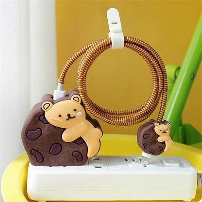 Iphone Charger Case Cover - Cookie Bear - 4 Piece Set (With Wire Protector)