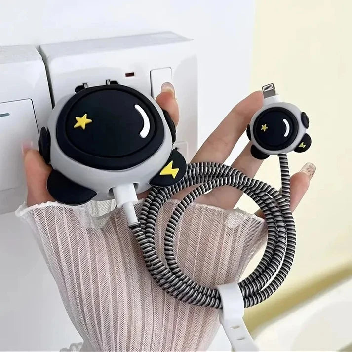 Iphone Charger Case Cover - Cute Astronaut - 4 Piece Set (With Wire Protector)