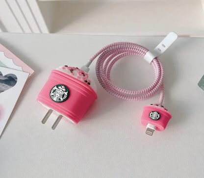 Iphone Charger Case Cover - Starbucks Pink - 4 Piece Set (With Wire Protector)