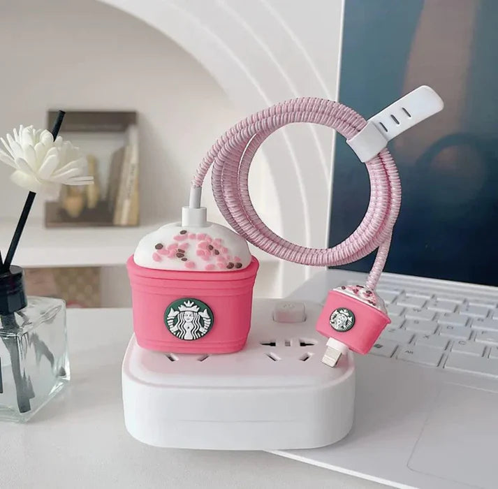Iphone Charger Case Cover - Starbucks Pink - 4 Piece Set (With Wire Protector)