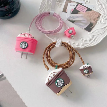 Iphone Charger Case Cover - Starbucks Pink - 4 Piece Set (With Wire Protector)